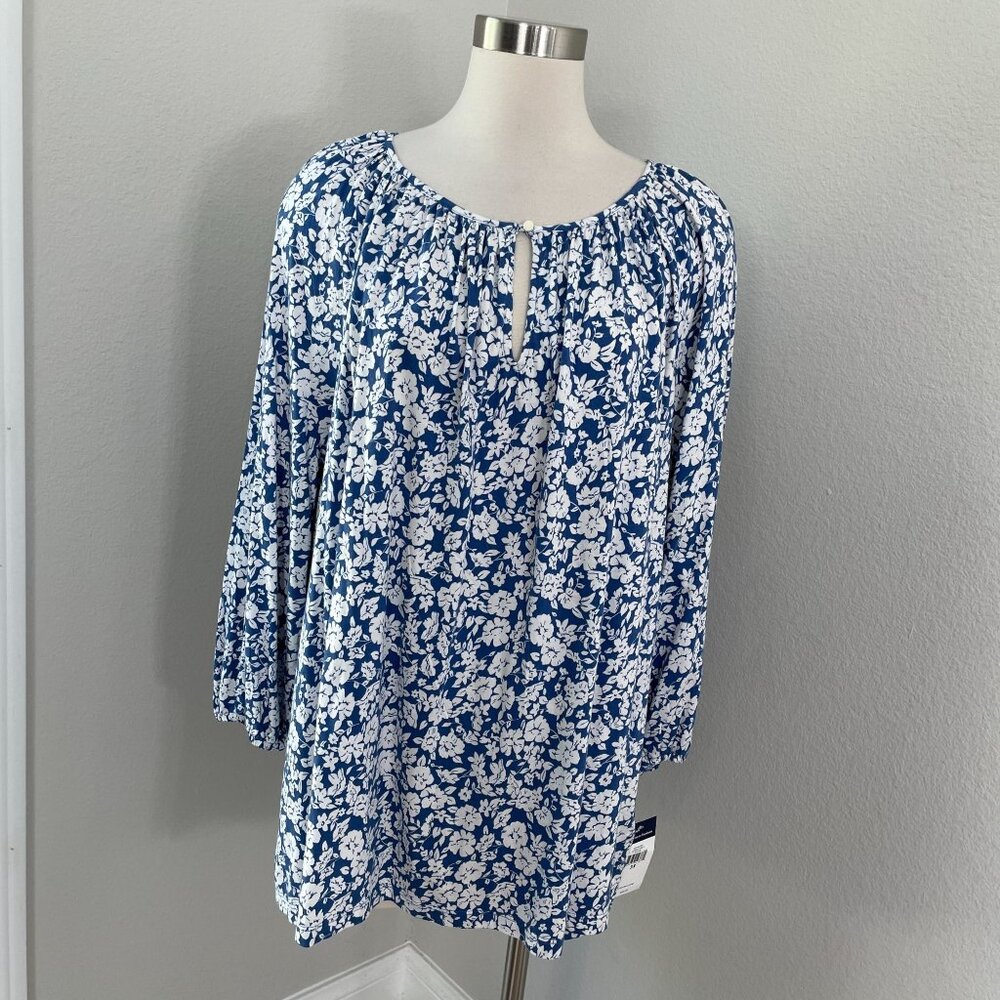 NEW Chaps Womens Plus 3X Blue Floral‎ Peasant Blouse Long sleeve Cottagecore Top